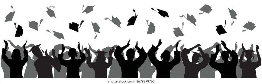 Graduation at university, college. Crowd of graduates in mantles, throws up square academic caps. Silhouettes, vector illustration