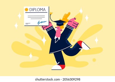 Graduation from university and education concept. Young smiling happy student graduate standing holding diploma certificate in hands after graduation vector illustration