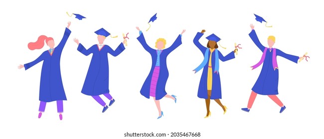 Graduation from university, isolated on white people, vector illustration. Happy man woman student character at college ceremony. Person group