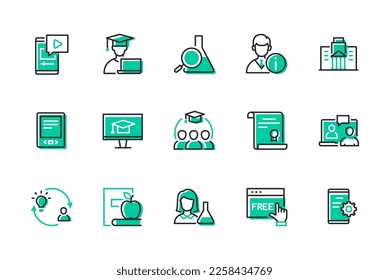 Graduation and University - set of line design style icons isolated on white background. High quality images of student in a hat, test tube, professor, diploma, gadgets, new technologies and knowledge