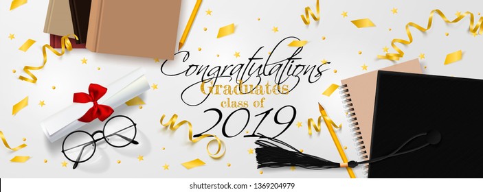 Graduation vector banner. Background Congrats graduates with objects viewed from above hat with degree paper, books, notebook and pencil, glasses, gold confetti, ribbons and stars.