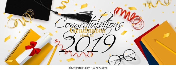 Graduation vector banner. Background Congrats graduates with objects viewed from above hat with degree paper, books, notebook and pencil, glasses, gold confetti, ribbons and stars.