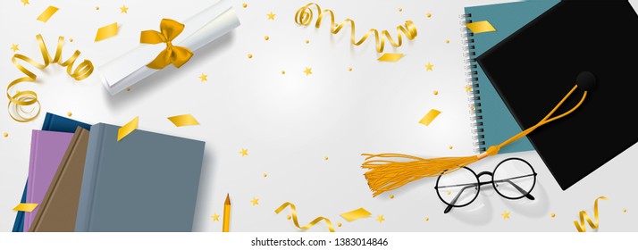 Graduation vector banner. Background Congrats graduates with objects viewed from above hat with degree paper, books, notebook and pencil, glasses, gold confetti, ribbons and stars.