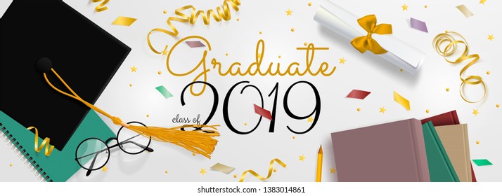Graduation vector banner. Background Congrats graduates with objects viewed from above hat with degree paper, books, notebook and pencil, glasses, gold confetti, ribbons and stars.