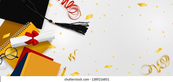Graduation vector banner. Background Congrats graduates with objects viewed from above hat with degree paper, books, notebook and pencil, glasses, gold confetti, ribbons and stars.
