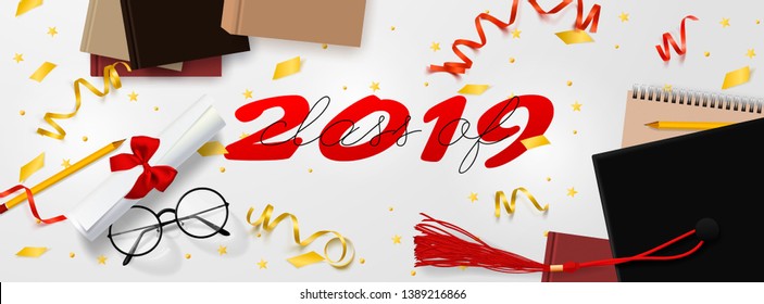 Graduation vector banner. Background Congrats graduates with objects viewed from above hat with degree paper, books, notebook and pencil, glasses, gold confetti, ribbons and stars.