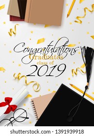 Graduation vector banner. Background Congrats graduates with objects viewed from above hat with degree paper, books, notebook and pencil, glasses, gold confetti, ribbons and stars.