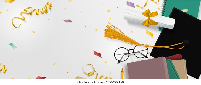Graduation vector banner. Background Congrats graduates with objects viewed from above hat with degree paper, books, notebook and pencil, glasses, gold confetti, ribbons and stars.
