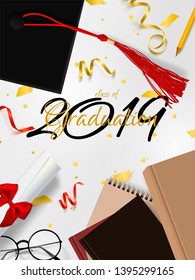 Graduation vector banner. Background Congrats graduates with objects viewed from above hat with degree paper, books, notebook and pencil, glasses, gold confetti, ribbons and stars.