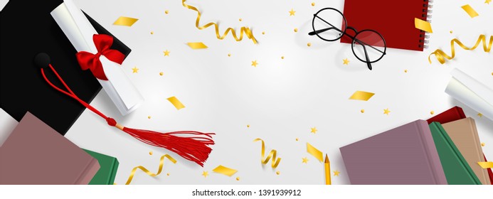 Graduation vector banner template. Background Congrats graduates with objects viewed from above hat with degree paper, books, notebook and pencil, glasses, gold confetti, ribbons and stars.