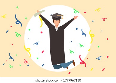 Graduation vector concept: college student wearing academic dress  jumping surrounded by confetti