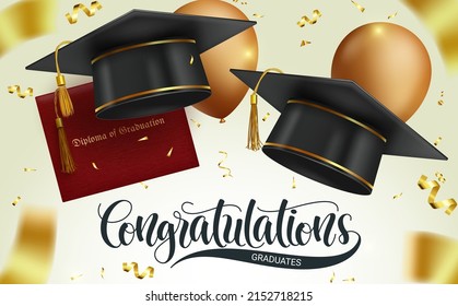 Graduation Vektordesign. Herzlichen Glückwunsch Absolventen Text in Mortarboard-Mütze, Ballons und Diploma-Inhaber Hintergrund für Zeremonie feiern Grußverzierung. Vektorgrafik.
