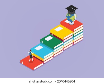 Graduation vector concept. Female student carrying bag while climbing books shaping stairs toward graduation hat