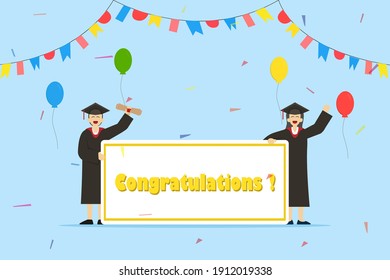 Concepto vectorial de graduación: Dos estudiantes universitarios mostrando juntos un texto de felicitación en el tablero
