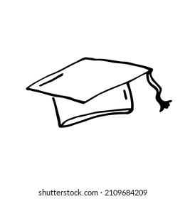 Graduation vector doodle cap icon. Outlined on white background.