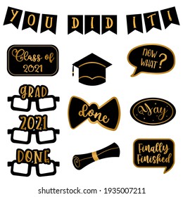 Graduation vector elements bundle set for celebration with black and gold colors contain graduation cap, eyeglasses, paper, and wall banner. Good for stickers and photo booth