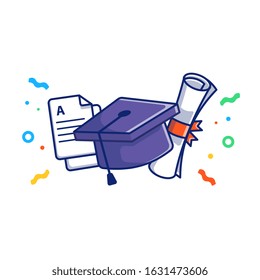 Graduation Vector Icon Illustration. Graduation Cap And Diploma. Education Icon Concept White Isolated. Flat Cartoon Style Suitable for Web Landing Page, Banner, Flyer, Sticker, Card, Background
