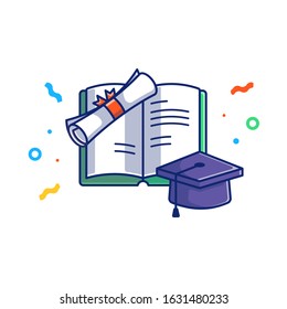 Graduation Vector Icon Illustration. Graduation Cap And Books. Education Icon Concept White Isolated. Flat Cartoon Style Suitable For Web Landing Page, Banner, Flyer, Sticker, Card, Background