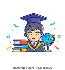 Graduation Vector Icon Illustration. Graduation Character And Books. Education Icon Concept White Isolated. Flat Cartoon Style Suitable for Web Landing Page, Banner, Flyer, Sticker, Card, Background