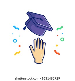 Graduation Vector Icon Illustration. Hand Throwing Graduation Cap. Education Icon Concept White Isolated. Flat Cartoon Style Suitable for Web Landing Page, Banner, Flyer, Sticker, Card, Background