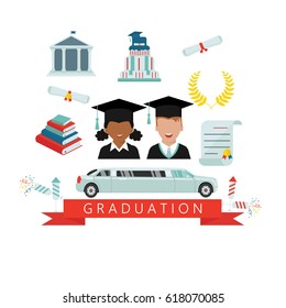 Graduation vector icon set of graduation celebration ceremony elements.  Finish education concept