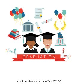 Graduation vector icon set of graduation celebration ceremony elements.  Finish education concept