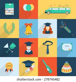 Graduation Vector Icon Set Of Exam Celebration Elements In Flat Design With Long Shadows. Man And Woman Graduates In Hats And Isolated Celebrating Education Party Symbols