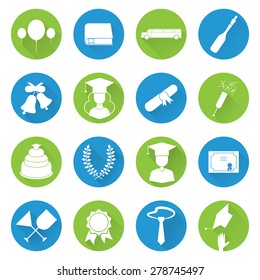 Graduation vector icon set of exam celebration elements in flat design with long shadows. Man and woman graduates in hats and isolated celebrating education party outline symbols