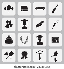 Graduation vector icon set of exam celebration elements in flat design . Man and woman graduates in hats and isolated celebrating education party outline symbols, black and white outlines