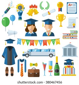 Graduation vector icon set of exam celebration elements in flat design. Man and woman graduates in hats and gowns. Celebrating education party symbols. Graduation celebration concept.