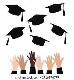 Graduation. Vector illustration with graduate caps and hands on white background. Group of multicultural students. Graduation Caps in the Air. 