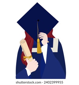 graduation vector illustration. woman graduate illustration covering her face with a graduation cap and holding her diploma in other hand