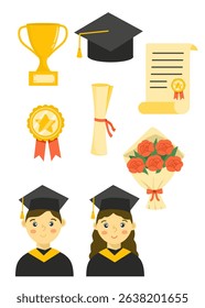 Graduation vector set with cap, trophy, diploma, medals, and bouquet. Perfect for event designs and celebration materials.