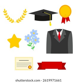 Graduation vector set set. suite, cap, ribbon, flower, star, badge, diploma. School graduation cartoon for wallpaper and graduation card