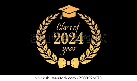 Graduation vector sign, senior class of 2024 year over black background. Wreath laurel border for academic design, vector gold flat illustration