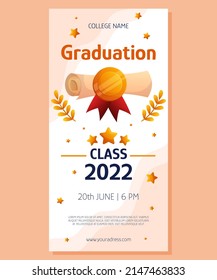 Graduation vertical banner with script, red ribbon and golden medal. Vector layout invitation template. Degree ceremony invite. Student greeting design.