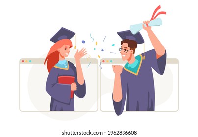 Graduation video conference in laptop, college or university high school student with diplomas in hands celebrate graduate ceremony from home. Online celebration new reality, covid coronavirus