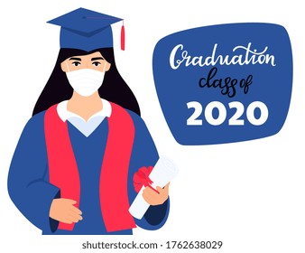 Graduation virtual ceremony during coronavirus quarantine. Class of 2020. A student girl in a protective medical mask holds a diploma in his hands. Greeting banner