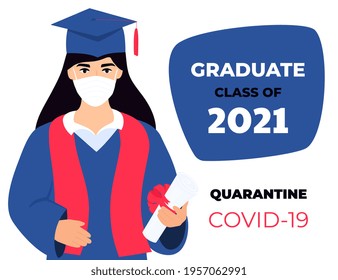 Graduation virtual ceremony during coronavirus quarantine. Class of 2021. A student in a protective medical mask holds a diploma in his hands. Greeting banner.