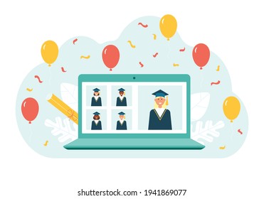 Graduation virtual distance online student rewarding ceremony. Laptop, confetti and balloons. Vector stock illustration. 