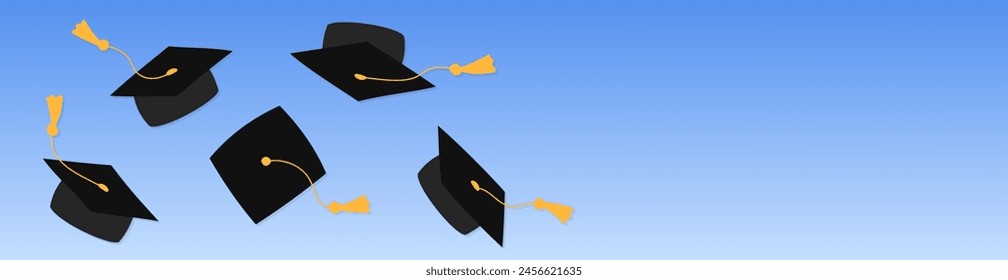 Graduation web banner template with copy space. Academic grad caps in air thrown up together. Mortarboards tossed up. Vector horizontal illustration. Graduate symbols on sky background.