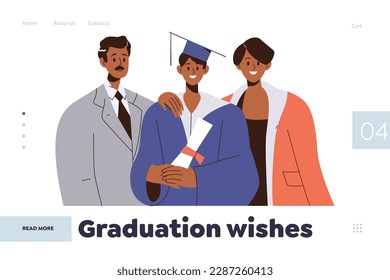 Graduation wishes landing page design template with happy parent and student family portrait