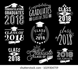 Graduation wishes monochrome overlays, lettering labels design set. Retro graduate class of 2018 badges. Hand drawn emblem with sunburst, hat, diploma, bell. Isolated. Sign or logo