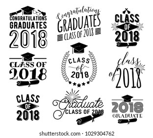 Graduation wishes monochrome overlays, lettering labels design set. Retro graduate class of 2018 badges. Hand drawn emblem with sunburst, hat, diploma, bell. Isolated. Sign or logo