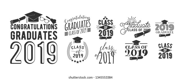 Graduation wishes monochrome overlays, lettering labels design set. Retro graduate class of 2019 badges. Hand drawn emblem with sunburst, hat, diploma, bell. Isolated. Sign or logo.