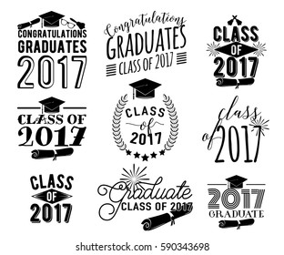 Die Graduation wünscht monochrome Overlays, Beschriftungen und Designsets. Retro-Abitur-Klasse von 2017 Abzeichen. Handgezeichnetes Emblem mit Sonnenbrand, Hut, Diplom, Glocke. Einzeln. Unterschreiben oder Logo