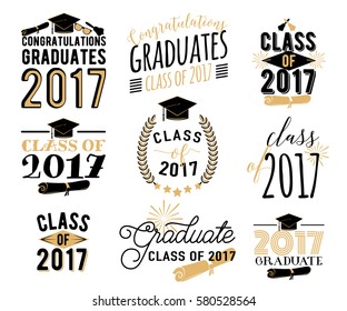 Graduation wishes overlays, lettering labels design set. Retro graduate class of 2017 badges. Hand drawn emblem with sunburst, hat, diploma, bell. Isolated. Sign or logo