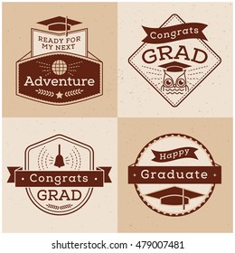 Graduation wishes. Retro graduation badges or emblem. Graduates logos for web & print.