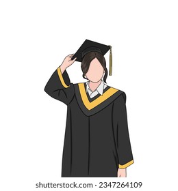 Graduation woman holding hat. Isolated on white background