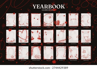 Graduation yearbook template with hand drawn doodles on photos. School album layout design, graduating class portrait pictures with funny pen scribbles, college graduation ceremony photo vector mockup